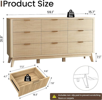 SUNWAVE 9 Drawer Dresser for Bedroom, 59.1" Large Fluted Dresser with Round Corner, Modern Dressers Wood Chest of Drawer for Living Room (Oak)