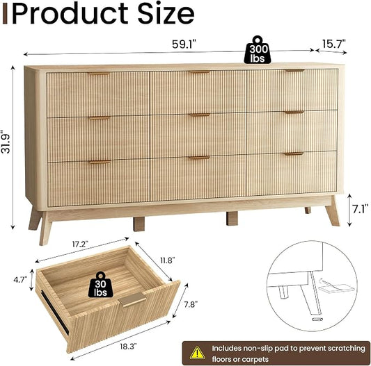 SUNWAVE 9 Drawer Dresser for Bedroom, 59.1" Large Fluted Dresser with Round Corner, Modern Dressers Wood Chest of Drawer for Living Room (Oak)