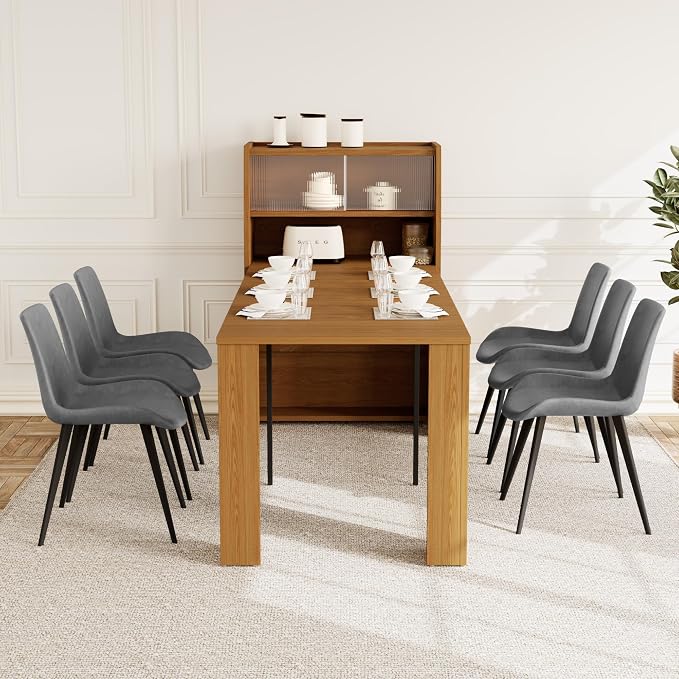 HIPIHOM 86.6" Extendable Kitchen Table Set for 6, Storage Cabinet | Space-saving Extendable MDF Dining Set with 6 Grey Chairs, Family Meal, Apartment, Small Room