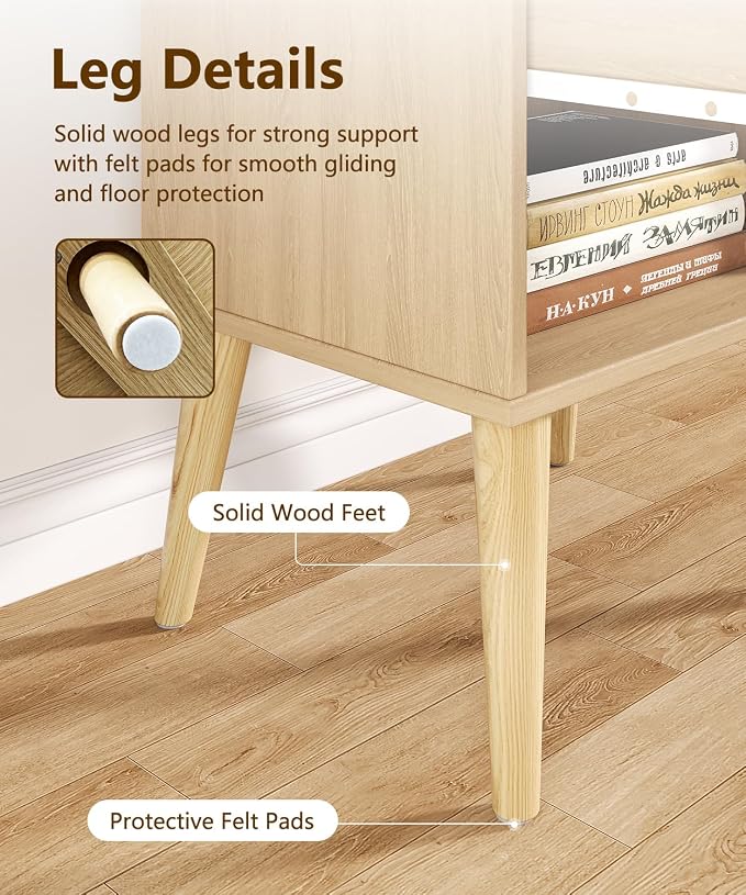 Keehusux 17.7" W x 15.7" D Rattan Nightstand Set of 2, Night Stand with Charging Station, Bedside Table with Open Shelf & Solid Wood Legs, Boho Night Stand with Drawer, End Table for Bedroom, Natural