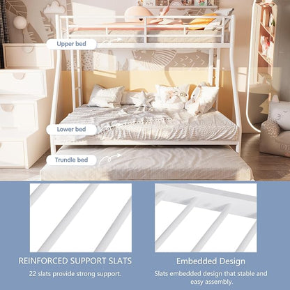 SUNLEI Metal Bunk Beds with Double Secured Ladders, Twin Over Full Bunk Bed with Surrounded Safety Guardrails, Space Saver Twin Beds, Noise Free for Small Bedroom, with Trundle, White