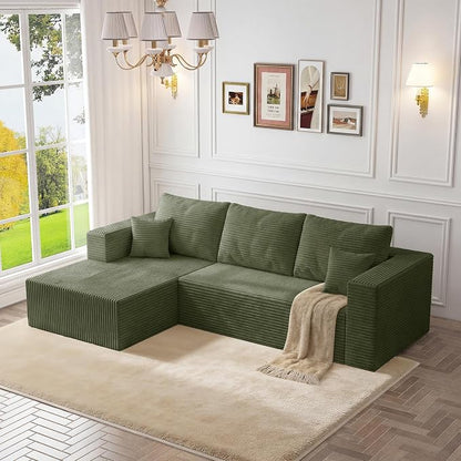 92.5" Boneless Couches for Living Room, L-Shaped Cloud Couch with Deep Seat & Chaise, Corduroy Modular Sectional Sofas for Living Room, No Need Assembly - Green(Left Facing Chaise)