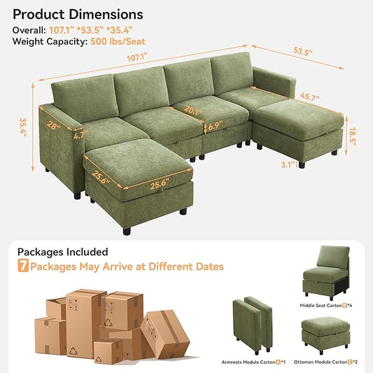 WUTUTUEE 107”Modular Sectional Sofa Convertible U Shaped Sofa Couch Set with Storage for Living Room, Modern 6 Seater Modular Sectional Couch with Movable Ottoman, Chenille(Green)