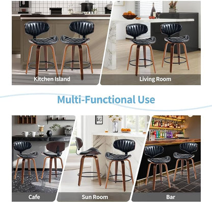 Bar Stools Set of 2, 24 inch PU Leather Wooden Bentwood Swivel Barstools Counter Height Modern Breakfast Bar Chairs with Backrest and Footrest for Kitchen Island, Dining Room D035-Black-2