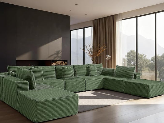 168" Cloud Sectional Couch, Comfort U Shaped Sofa for Living Room, Extra Deep Seats No Assembly, Minimalist Modular Couch, Corduroy (Olive Green, 9 Seats,U-Shape A)