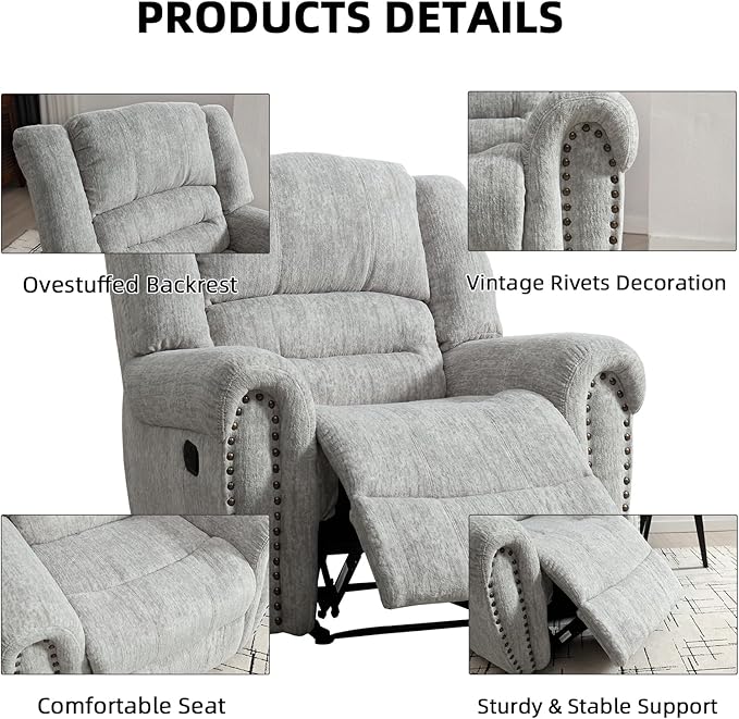 CANMOV Manual Recliner Chair, Classic and Traditional Manual Recliner Chair with Comfortable Arms and Back Single Sofa for Living Room, White Grey