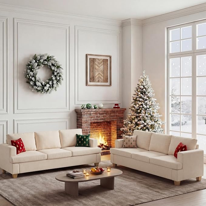 Apicizon Cloud Couches Living Room Furniture Sets, 3 Seater Sofa & 3 Seater Sofa for Bedroom, Comfy Chenille Couch Sleeper Sofa for Apartment Lounge, White Chenille