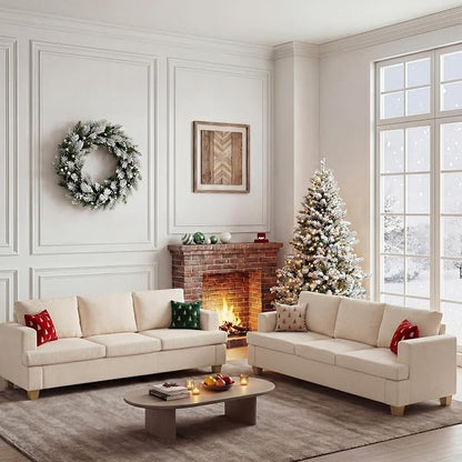 Apicizon Cloud Couches Living Room Furniture Sets, 3 Seater Sofa & 3 Seater Sofa for Bedroom, Comfy Chenille Couch Sleeper Sofa for Apartment Lounge, White Chenille