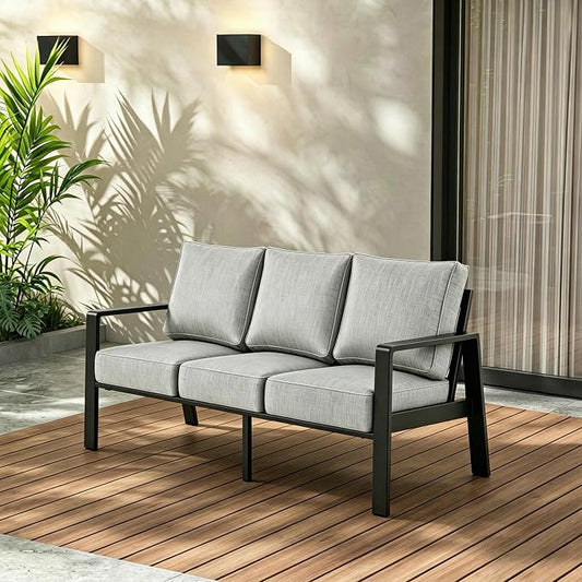 Outdoor Couch 3-Seat All-Weather Metal Outdoor Sofa, Oversized Patio Couch, Aluminum Patio Sofa with 5" Cushions (Black/Light Grey)