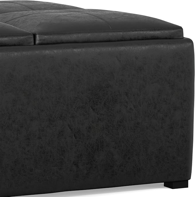 SIMPLIHOME Avalon Wide Contemporary Square Coffee Table Storage Ottoman, Distressed Black, Table Ottoman