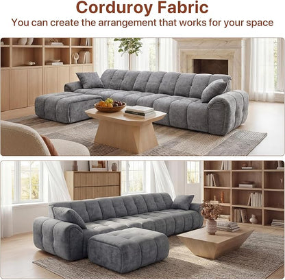 Claiks 118" Modern Boneless Couch, Corduroy Modular Cloud Sofa for Living Room, Deep Seat Sectional with Movable Ottoman, No Assembly Required, Dark Grey
