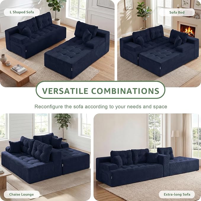 Hobestluk Modular Sectional Sofa Couches L-Shape Couch 3 Seat Modular Sofa Memory Foam Sectional Couches for Living Room, Cloud Couch (Dark Blue Corduroy, 108", Right Hand Facing)