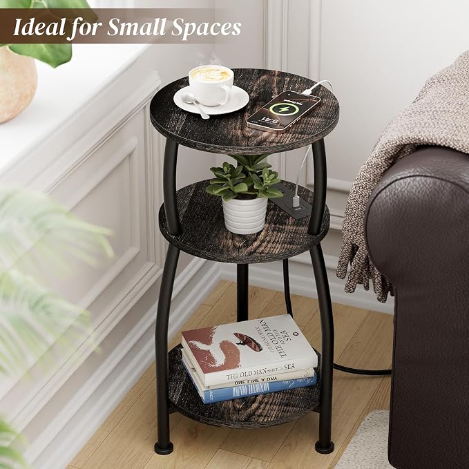 Round Side Table with Power Outlet & USB Ports, 3-Tier End Table with Storage Shelf, Modern Rustic Nightstand, Small Spaces Accent Table for Living Room Bedroom, Easy Assembly, Oak Dark