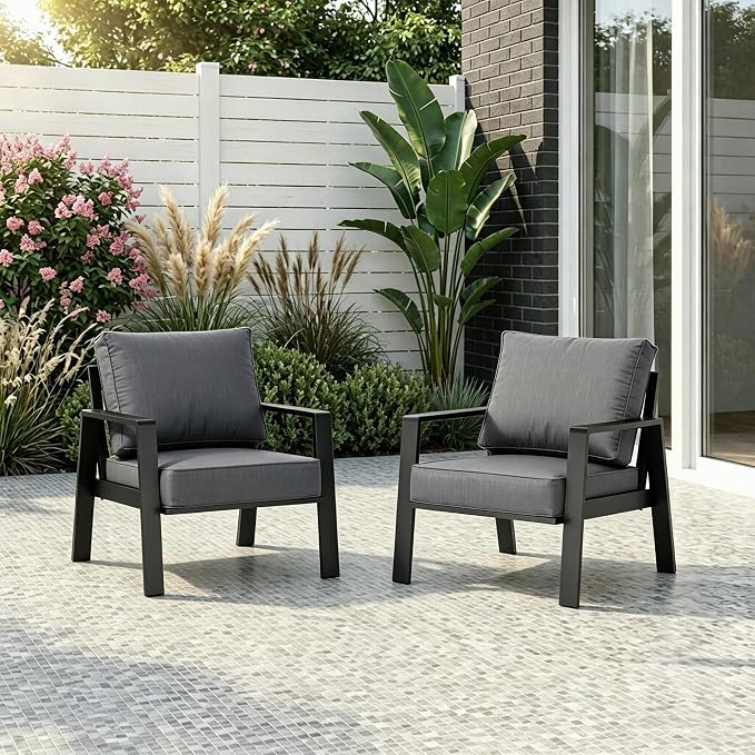 2 Pieces Aluminum Outdoor Armchair, Oversized Patio Couch, Modern Sofa All Weather Metal Furniture Set with 5" Cushions (Black/Dark Grey)