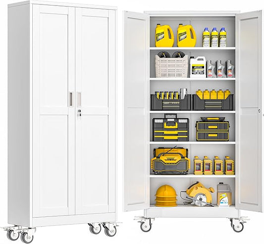 GAIOUS Metal Garage Storage Cabinet with Lock, Steel Tool Cabinet with 2 Doors and 5 Adjustable Shelves, 75” Tall Lockable File Cabinet with Wheels, Organization for Home Office Garage Gym - White