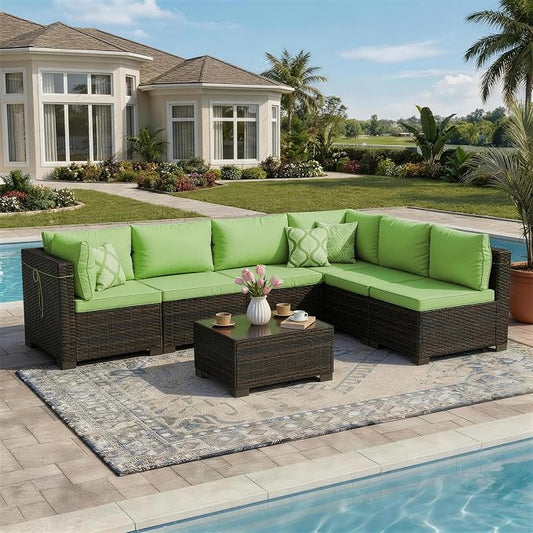 LAWELL 7 Pieces Outdoor Patio Furniture Sets,Rattan Conversation Sectional Set,Manual Weaving Wicker Patio Sofa with Tea Table