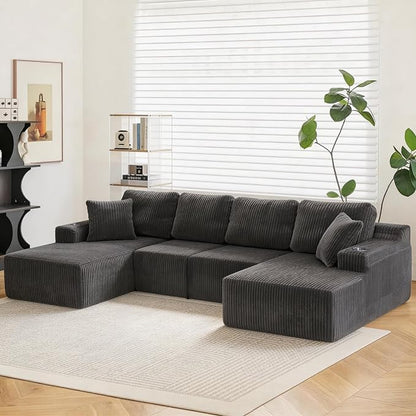 130" U-Shaped Modular Sectional Sofa with Chaise, Boneless Corduroy Flexible Module Seating for Living Room, Cloud Couch with Cup Holders and Side Pockets, No Assembly (Grey)