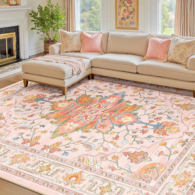 RELEANY Area Rugs 8'x10' Washable Non-Slip, Floral Vintage Distress Medallion Carpet for Living Room Bedroom Dining Room, Light Pink Colorful