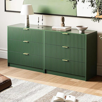 MAISONARIA 3-Piece Dresser Bedroom Set, 6 Drawer Dresser & 3 Drawer Nightstands with Gold Handles, Fluted Wood Chest of Drawers for Bedroom, Living Room, Entryway, Green