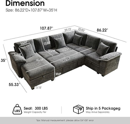 107.8" Modular Sectional Sleeper Sofa with Pull Out Bed, U Shaped 7 Seat Couch with 221L Storage, Convertible Cloud Couch Bed with Ottoman, Sectional Couches for Living Room, Apartment (Gray)