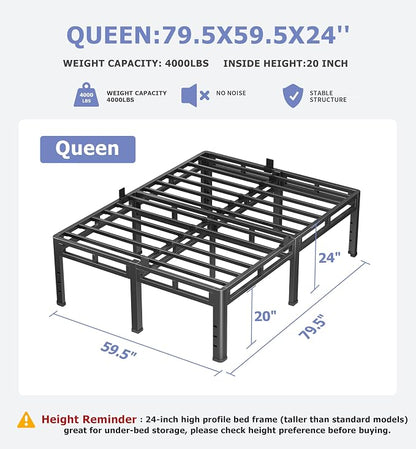 NKZ 24 Inch Queen Size Bed Frame, Metal Bed Frame & Box Spring 2 in 1 Platform with Round Corner Legs, 4000Lbs Heavy Duty Metal Frame, Mattress Slide Stopper, Headboard Hole, Noise-Free, Easy Assembly