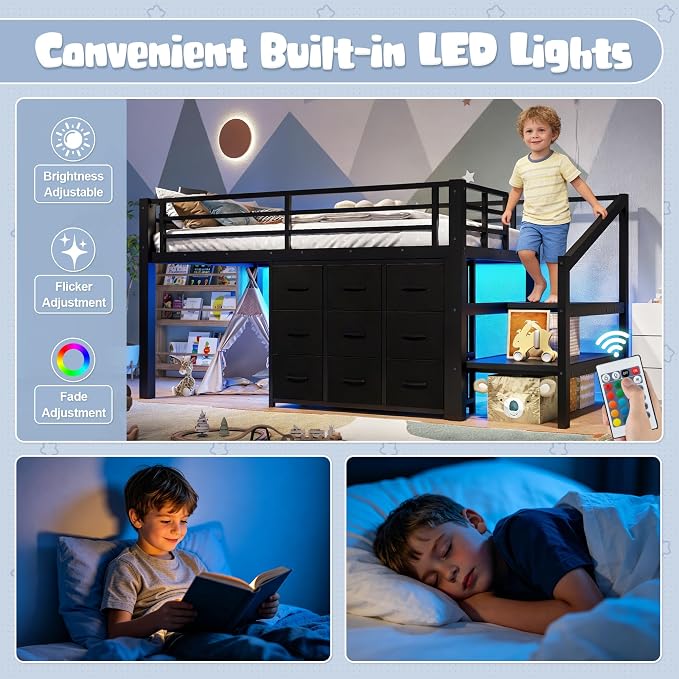 Bellemave Low Loft Bed Twin Size with Storage Stairs and Drawers, Metal Twin Loft Bed for Kids with LED Lights and Shelves, Low Profile Loft Bed Frame for Small Rooms, No Box Spring Needed, Black