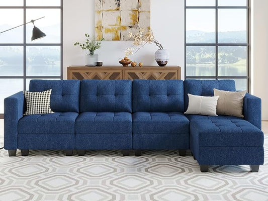 Belffin Blue L Shape 5 Seat Sofa with Storage, Reversible Chaise, Modern Sectional Cotton Polyester Wood Sofa