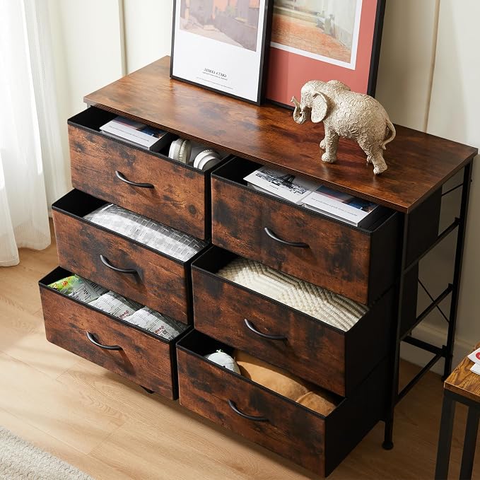 DUMOS 6 Drawer Dresser for Bedroom, Wide Storage Chest of Drawers Cabinet | Fabric Storage Organizer with Wooden Top, TV Stand for 43-50 Inch TV in Closet, Living Room, Rustic Brown