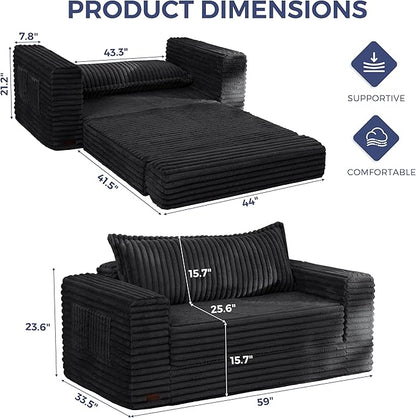 MAXYOYO Convertible Sofa Bed, 2 in 1 Folding Couch Bed for Small Space, Pull Out Loveseat Sofa Couch with Large Back Pillow, Plush Faux Fabric Lounge Couch for Living Room, Apartment, Black