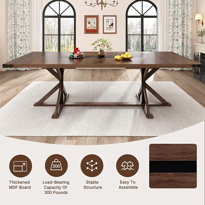 Hlivelood 94" Large Dining Table for 10 People, Rectangular Kitchen Farmhouse Table W/Thickness Waterproof Wood Tabletop,Long Dining Room Tables W/Wood Strip Base for Kitchen Living Room(238CM Brown)