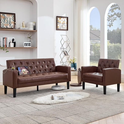 TYBOATLE 62" W Leather Loveseat w/Chairs, 2 Piece Sofa Sets for Living Room w/ 2 USB Charger Ports and 2 Cupholders, Living Room Furniture Sets of 2 (2, Brown)