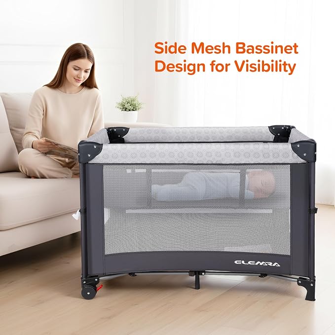 ELEMARA 3 in 1 Wide Baby Bassinet with Ajustable Side,2024 All Mesh Bedside Sleeper with Mattress,Sheet,Storage Pocket,Wheels and Trap,Playpen Travel Crib Bed with Bag