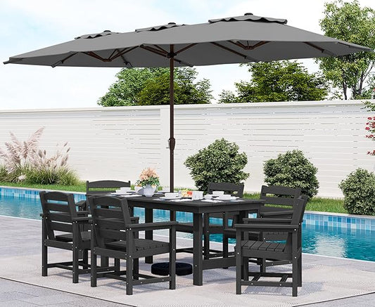 SERWALL 8-Piece Patio Dining Sets with 15FT Double Side Patio Umbrella, Outdoor HDPE Dining Furniture Set with Umbrella Hole Cut-Out Table and 6 Chairs, Black（Umbrella Base not Included）