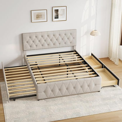 Queen Bed Frame with 2 Wood Storage Drawers & Pull‑Out Trundle Bed,Upholstered Platform Bed Frame Queen Size with Adjustable Headboard,Wooden Slats Support,No Box Spring Needed,Taupe