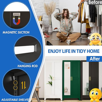 GAIOUS Metal Wardrobe Cabinet with Mirror and Hanging Rod, 71" Black | Clothing Storage Cabinets with 2 Doors and Adjustable Shelves, Armoire Wardrobe Closet for Bedroom, Laundry Room, Cloak Room