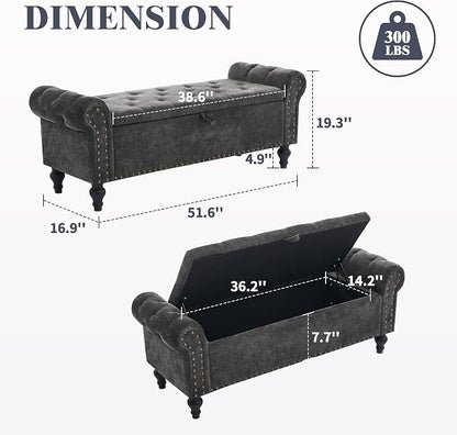 51" Storage Bench for Bedroom, Upholstered Ottoman Bench, Chenille DarkGray | End of Bed Bench for Bedroom, Window Benches for Living Room, Entryway, Ottoman with Large Storage Space, Pet Friendly