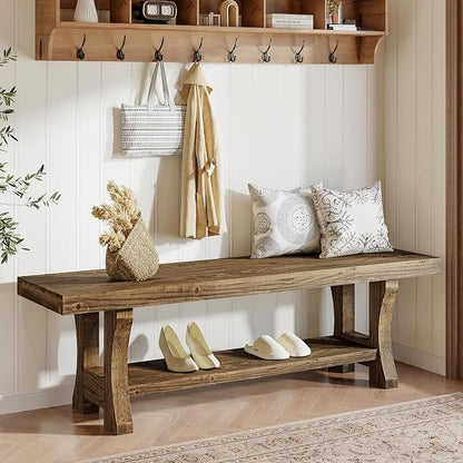 Solid Wood Entryway Bench, 55" End of Bed Bench, Long Indoor Dining Seat for Hallway, Bedroom, Living Room, Dining Room, Easy Assembly, Dark Brown