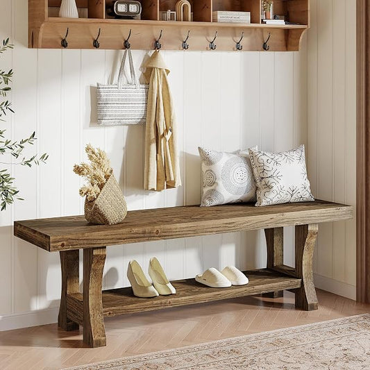 Solid Wood Entryway Bench, 55" End of Bed Bench, Long Indoor Dining Seat for Hallway, Bedroom, Living Room, Dining Room, Easy Assembly, Dark Brown