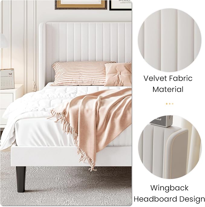 SHA CERLIN Queen Size Velvet Bed Frame with Vertical Channel Tufted Wingback Headboard, Upholstered Platform Bed with Wood Slats, No Box Spring Needed, Easy Assembly, White