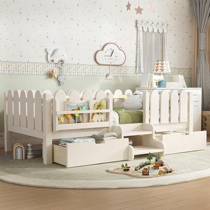 Bellemave Twin Montessori Bed with Stairs, Lights, Rails and Slats, Twin Size Montessori Floor Bed with Bookshelf and 2 Storage Drawers, Easy Assemble Beds Frame for Girls, Boys, Beige