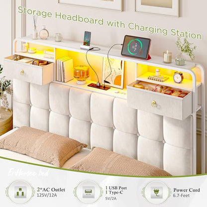 EnHomee Queen Bed Frame with 6 Storage Drawers and 2-Tier Velvet Upholstered Headboard,Modern Bed Frame with LED Lights&Charging Station,No Box Spring Needed,Noise-Free, Easy Assembly,Sturdy,Beige