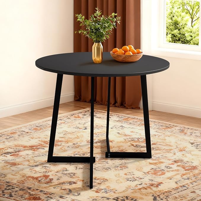 VINGLI Round Dining Table for 2-4, 35in Modern Dining Room Table with Cross Leg, Black Wooden Kitchen Table, Space-Saving, Small Space Circle Dinette for Home, Kitchen, Apartment