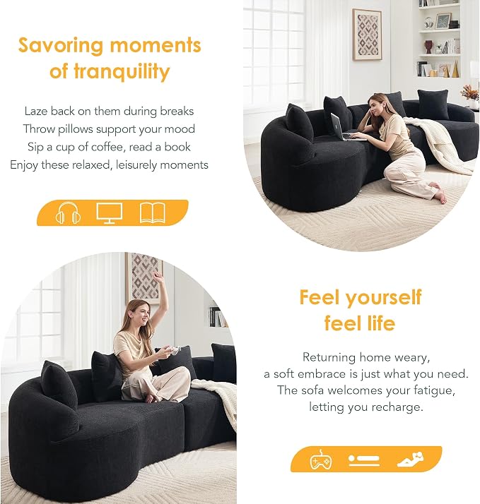 110.2" Curved Sectional Sofa,Luxury Wood Grain Chenille Fabric, Oversized Sectional Sofa,Compression Curved Couch for Living Room,No Assembly Needed(Black, 110.2 Inch)