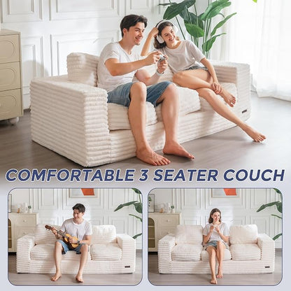 MAXYOYO 3-Seater Boneless Sofa Couch, Modern Faux Fur Sofa for Living Room, Soft Bean Bag Chair High-Density Foam Couch with Pillows, No Assembly Required