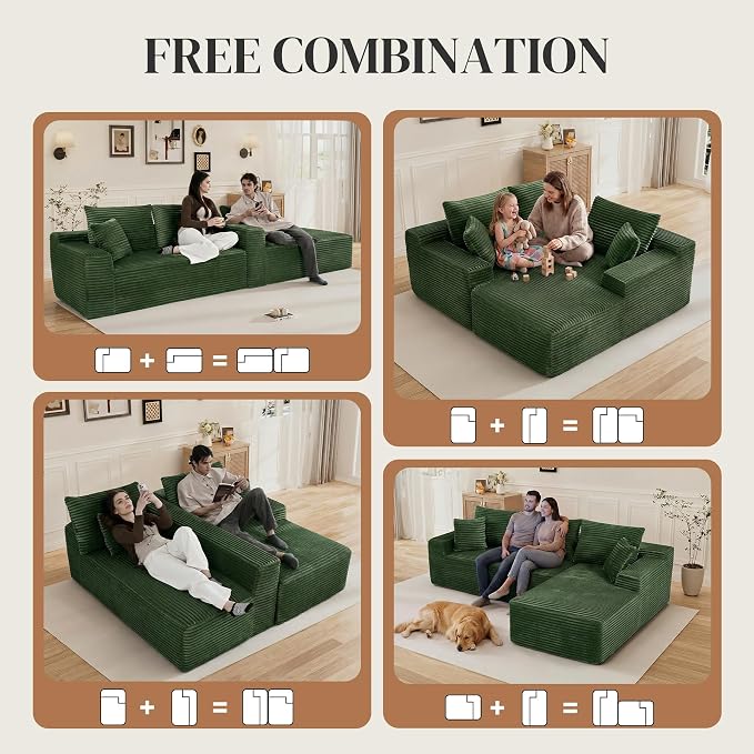 108" L Shaped Cloud Boneless Sectional Couches for Living Room, Modern Comfy Modular Deep Seat Memory Foam Compressed Corduroy Sofa Oversized Right Facing Chaise, No Assembly Required, Green