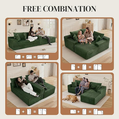 108" L Shaped Cloud Boneless Sectional Couches for Living Room, Modern Comfy Modular Deep Seat Memory Foam Compressed Corduroy Sofa Oversized Right Facing Chaise, No Assembly Required, Green
