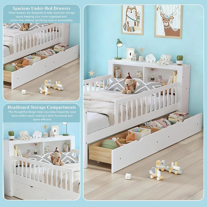 Bellemave Kids Twin Bed Frame with Fences, 2 Drawers & Storage Headboard, Twin Size Platform Bed with 3-Side Guardrails for Kids, Girls & Boys, White