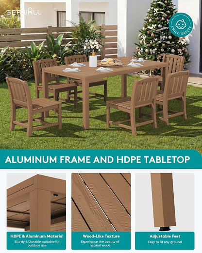SERWALL 10-Piece Patio Dining Sets with 15FT Patio Umbrella, Brown | 60" - 83" Expandable Outdoor Dining Table and 8 HDPE Chairs, All Weather HDPE Outdoor Furniture Set