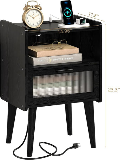 MMEOLUOOK Nightstand with Charging Station, Bedside Tables with Glass Decorative Door, Black Wood Grain End Table, Side Table with 2 Tiers Storage Space for Bedroom Living Room CAMLBZ07XE