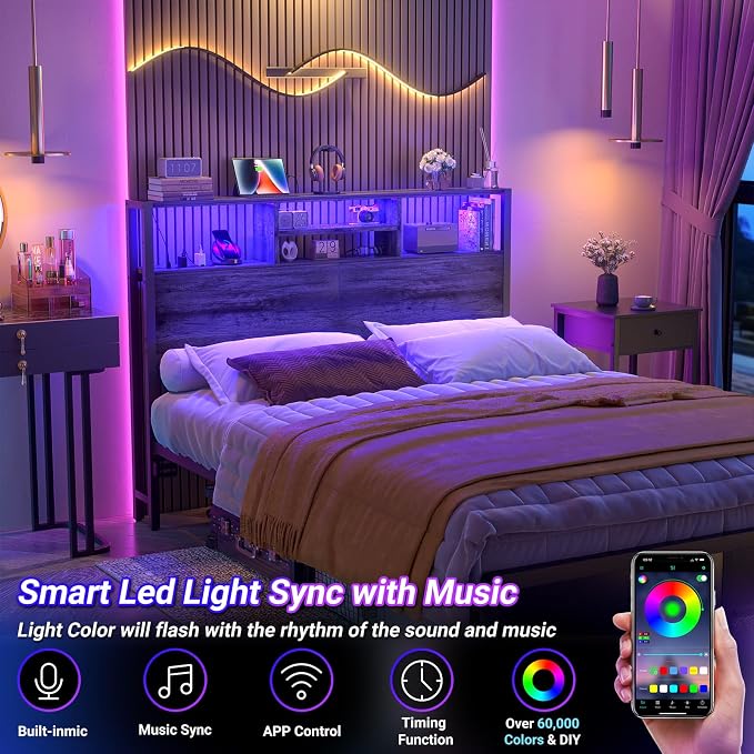 Aheaplus Headboard for Full Size Bed with Storage, Headboards with Outlets, USB Ports and LED Light, Full Size Head Board Only, Height Adjustable, Reversible, Sturdy and Stable Headboard, Black Oak